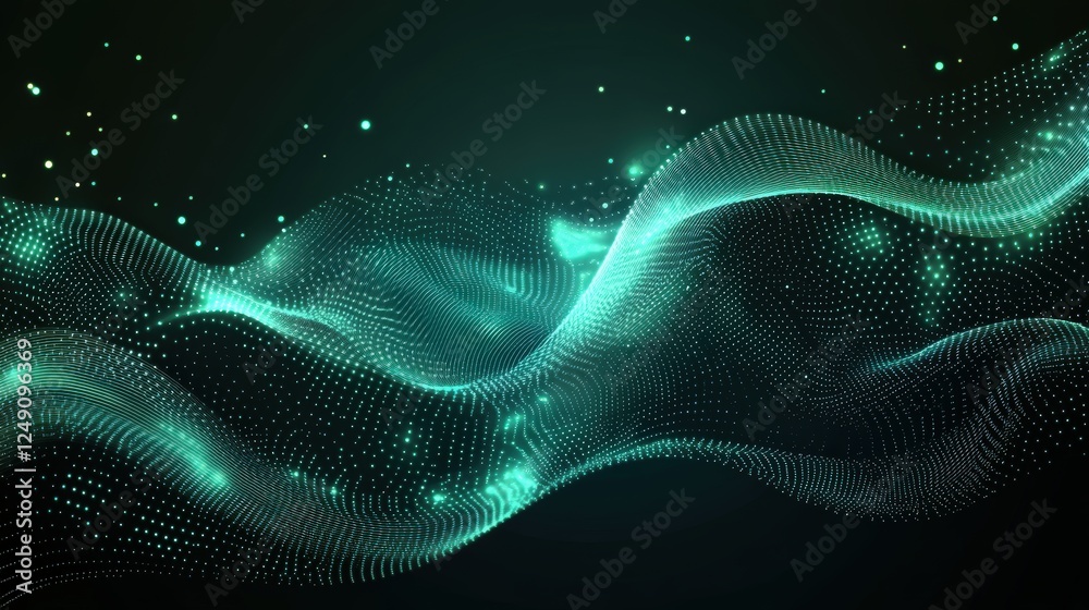 Poster dark green background with light streaks and geometric patterns creating an abstract flowing design 