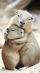 Fototapeta premium Capybara couple hugging, showcasing animal bonding, St Valentines Day postcard with hearts symbols