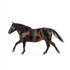 Obraz premium Majestic Dark Horse Trotting Gracefully Against White Background