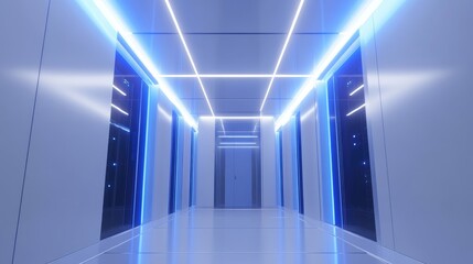 Obraz premium A sleek modern server room with blue neon lighting, highlighting advanced technology and a clean, minimalist design. Ideal for tech, IT, and innovation concepts