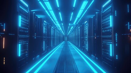 A modern data center corridor illuminated by blue neon lights, showcasing advanced server racks and high-tech infrastructure. Perfect for tech, IT, and innovation themes