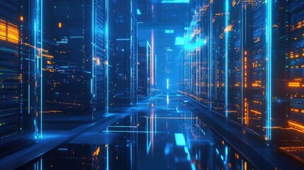 Fototapeta premium A futuristic data center corridor with vibrant blue and orange neon lights, showcasing advanced servers and reflective surfaces. Perfect for technology, IT, and innovation-themed projects