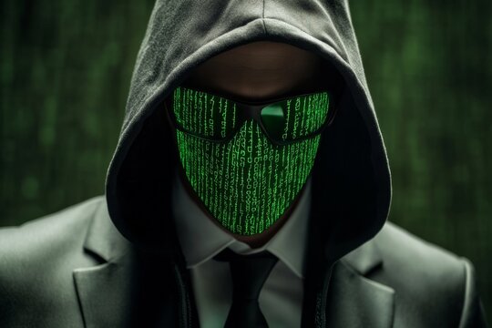 A cybersecurity expert hacking into a system, green code running across the laptop screen
