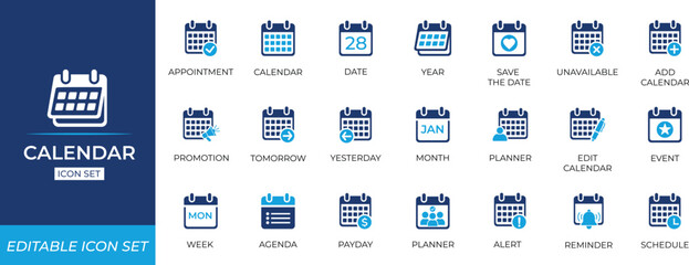Calendar icon set featuring date,  deadline, meeting, planner, appointment, month, reminder, schedule, organisation, and time-management symbols for business and productivity use.