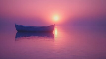 Fototapeta premium Serene sunrise over calm water with a small white boat.