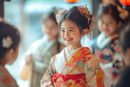 Adorable japanese girl smiling and wearing traditional kimono for shichi go san festival