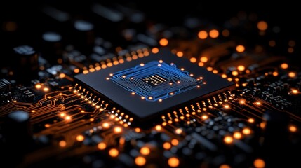 Close-up of illuminated central processing unit on circuit board.