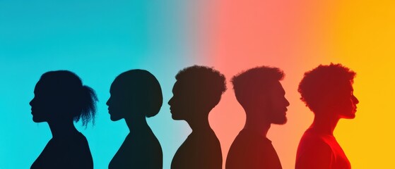 silhouettes of diverse people in profile with colorful gradient background