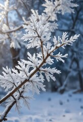 Obraz premium Frozen snow-covered branch with ice crystals and a few snowflakes clinging to it, frosty, evergreen branch, evergreen