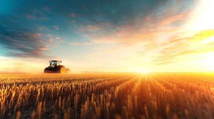 Fototapeta premium Sunset agricultural landscape with tractor working in golden wheat field at twilight