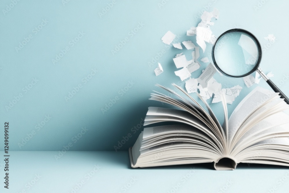 Poster A clean minimalist icon of an open book with a magnifying glass, symbolizing dictionary lookup