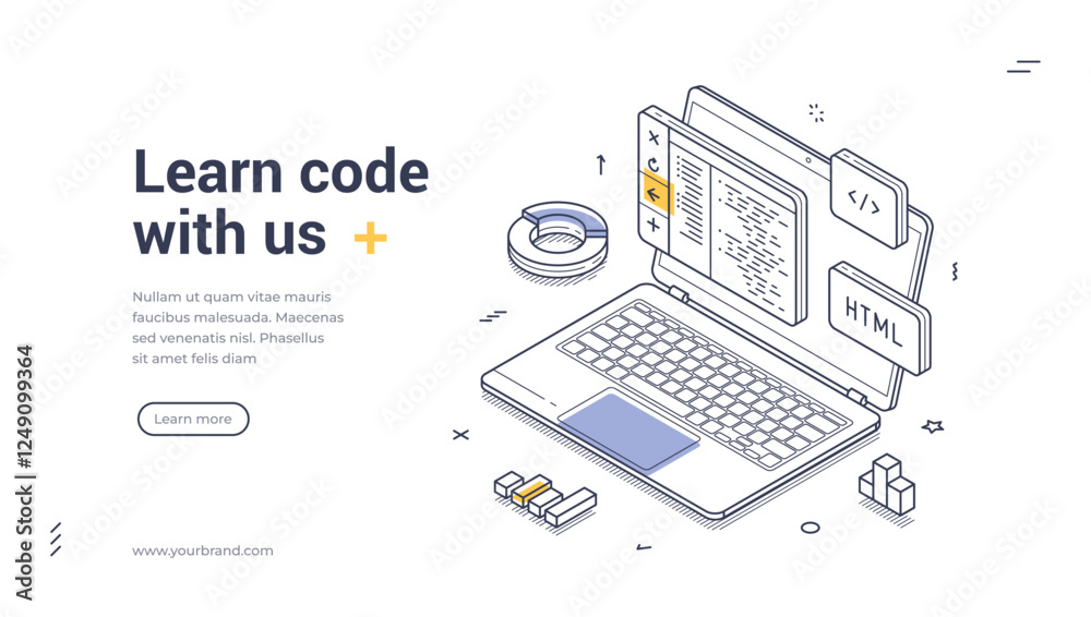 Poster Laptop showcases web code representing a modern digital workspace focused on coding and development. Isometric line art web banner, landing page template
