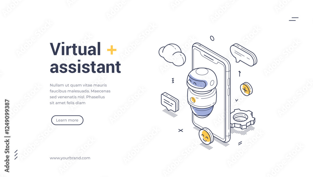 Poster a friendly chat bot virtual assistant surrounded by digital icons. communication and interaction in 