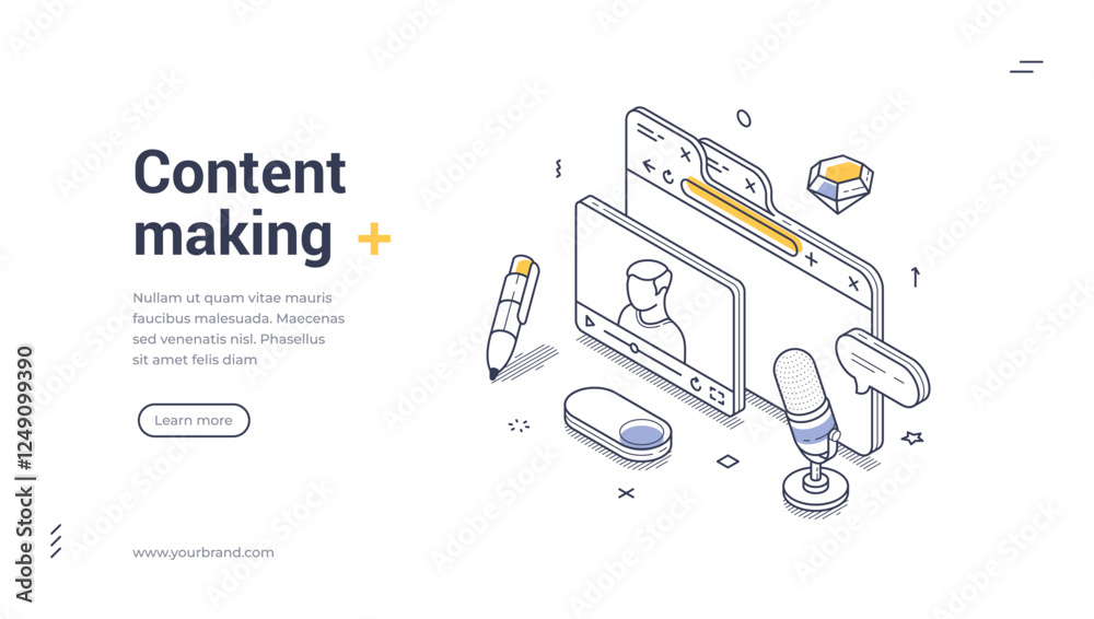 Wall mural modern content maker web banner. creative digital workspace showcasing elements such as a microphone