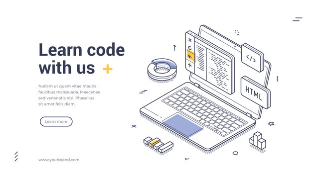 Laptop showcases web code representing a modern digital workspace focused on coding and development. Isometric line art web banner, landing page template