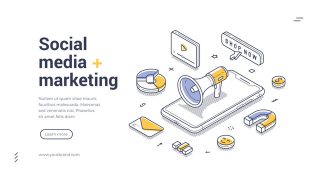 Smartphone with a megaphone and marketing icons like pie charts, call-to-action buttons, and magnets, symbolizing digital advertising. Isometric web banner, landing page template