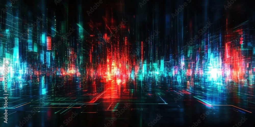 Poster digital abstract background with bright pixelated light streaks in colorful data streams and matrix 