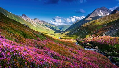 Fototapeta premium Alpine Bloom: A breathtaking panorama of a lush alpine valley blanketed in a vibrant carpet of pink wildflowers. Majestic mountain peaks rise in the distance.