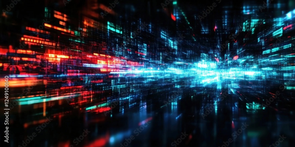 Poster dynamic digital data streams with pixelated light streaks in abstract futuristic background represen
