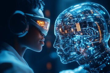 A futuristic AI-powered student advisor assisting a holographic student with academic planning