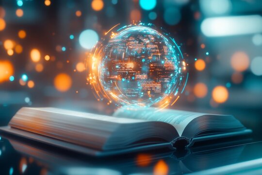 A futuristic digital textbook floating in a zero-gravity spaceship, displaying holographic lessons