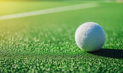 Dewy field hockey ball on green turf, sunny day
