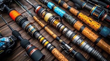 Collection of fishing rods on wood.