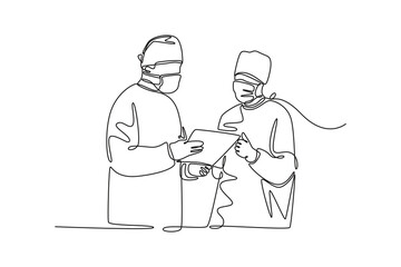Hospital activity concept. Single line draw design vector graphic illustration.	
