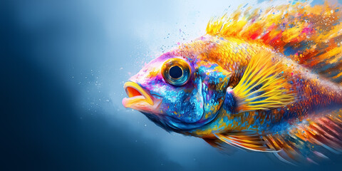 Fototapeta premium Colorful tropical fish is gliding through bright blue waters. Its vivid patterns and hues are beautifully highlighted in an expressive Impressionistic style