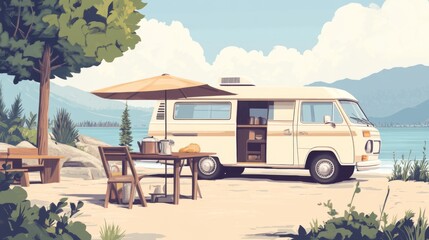 Fototapeta premium Lakeside campervan picnic, mountains background, summer vacation