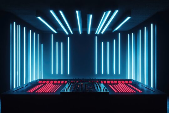 Dynamic DJ Booth with Rhythmic Equalizer Lights Modern Event Space Digital Artistry Environment Immersive Club Experience