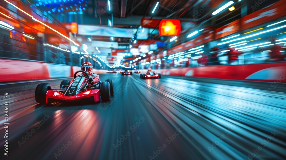 Poster competitors navigate a beautifully lit indoor go kart track, showcasing speed and skill in a thrilli
