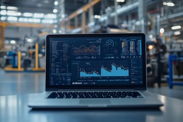 Laptop showing production line monitoring dashboard in the factory