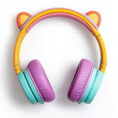 Colorful Cat Ear Headphones for Kids on White Background