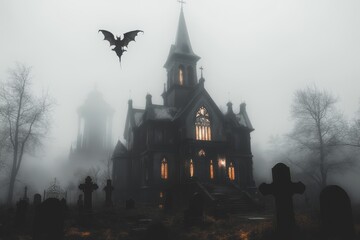 Fototapeta premium A gothic wanderer experiencing a haunting vision in a mysterious, fog-covered graveyard