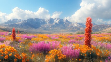 Vibrant wildflowers bloom in a vast field, mountains under a bright sky.