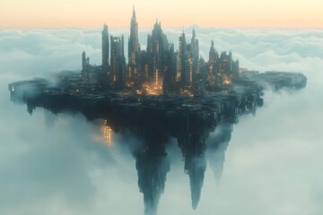 Naklejka premium Futuristic city floating in the clouds at sunset, a cyberpunk metropolis