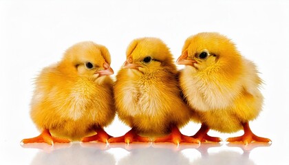 Fototapeta premium Three fluffy yellow chicks standing together on white background