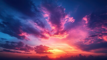 Vibrant sunset sky, colorful clouds, evening, ocean horizon, background image