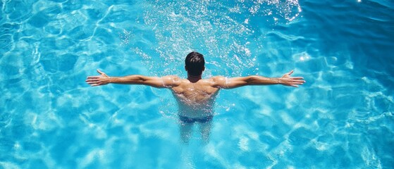 Man floating on back in blue swimming pool water.