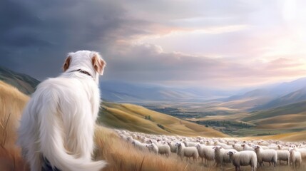 Obraz premium A loyal dog stands watch over a flock of sheep, set against a picturesque landscape with rolling hills and a dramatic sky.