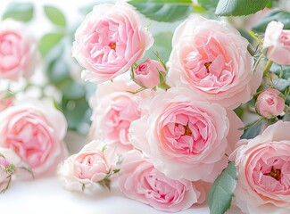 Fototapeta premium Vintage pink perfume bottle with roses on a white background, flat lay, front view, close-up, soft lighting, focus on the elegant glass and label, 