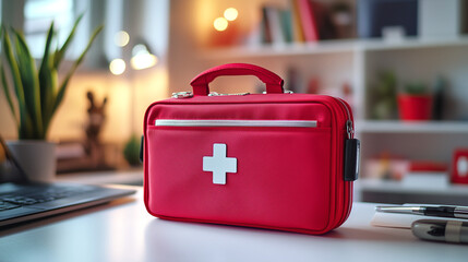 Red medical kit on desk in bright office, health and safety awareness