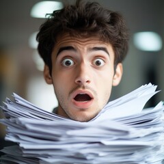 shocked man overwhelmed with paperwork