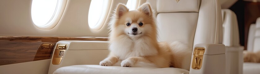 Obraz premium A fluffy Pomeranian dog lounges comfortably in a luxurious private jet, showcasing a lifestyle of luxury and comfort.