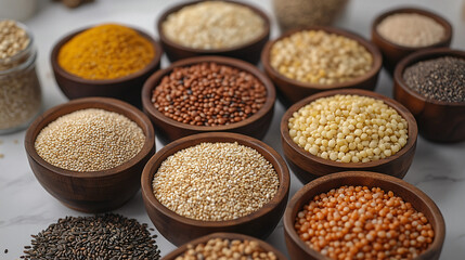 Variety of grains and seeds displayed in wooden bowls on a marble countertop in a bright kitchen setting