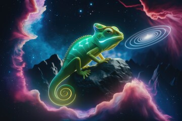 A vibrant chameleon sits on a rock in a cosmic nebula, gazing at a swirling galaxy.