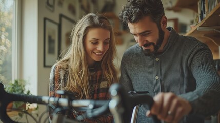 Young couple happily examining a bicycle in a cozy indoor setting with natural light filtering through a window, showcasing love for cycling and adventure.