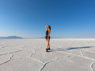 The elegance of Bonneville Salt Flats captured in a moment of stillness, with a figure gazing into...
