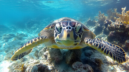 Fototapeta premium A majestic sea turtle glides effortlessly through crystal-clear waters, showcasing its grace and beauty. The underwater setting highlights vibrant corals and marine life